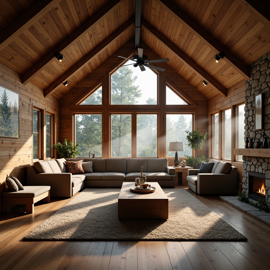 Prompt: Cozy cabin, wooden facade, natural textures, earthy tones, rustic charm, wooden beams, vaulted ceilings, warm lighting, comfortable furnishings, plush carpets, nature-inspired artwork, forest surroundings, misty mornings, soft focus, shallow depth of field, 1/1 composition, realistic wood grains, ambient occlusion.