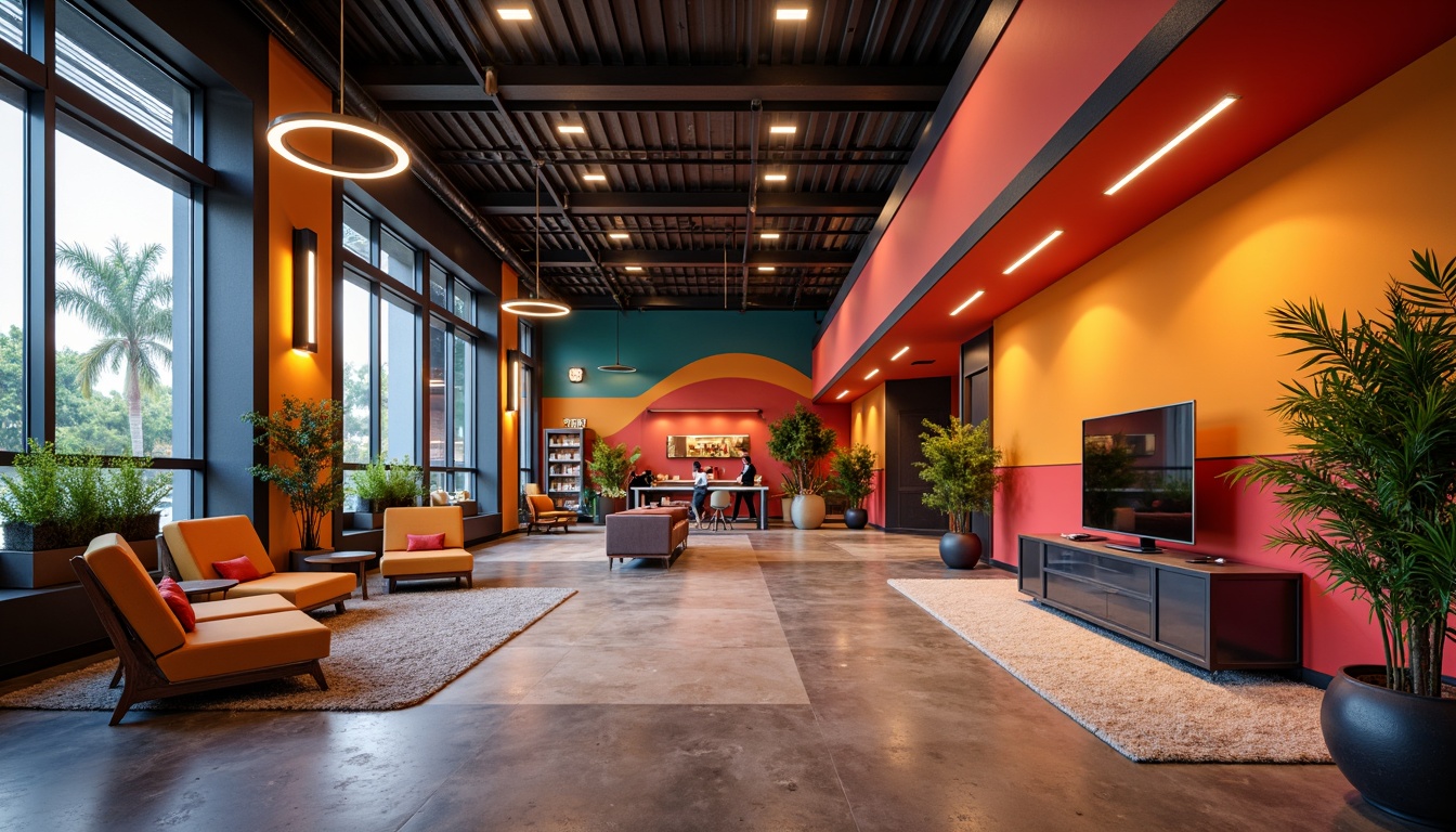 Prompt: Vibrant design studio, modern architectural style, bold color scheme, contrasting hues, harmonious palette, rich textures, metallic accents, sleek lines, minimalist decor, natural light, soft shadows, atmospheric ambiance, warm color tones, earthy undertones, 3/4 composition, shallow depth of field, realistic rendering, ambient occlusion.