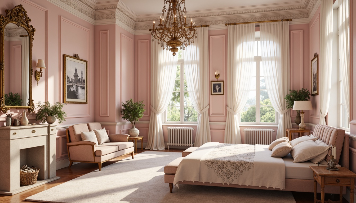 Prompt: Luxurious boudoir, soft pastel hues, pale pink walls, creamy white accents, rich gold ornaments, ornate mirrors, intricate carvings, velvet upholstery, delicate lace patterns, subtle sheen fabrics, opulent chandeliers, coved ceilings, ornamental molding, lavish furnishings, romantic ambiance, warm candlelight, shallow depth of field, 1/1 composition, intimate atmosphere, realistic textures.