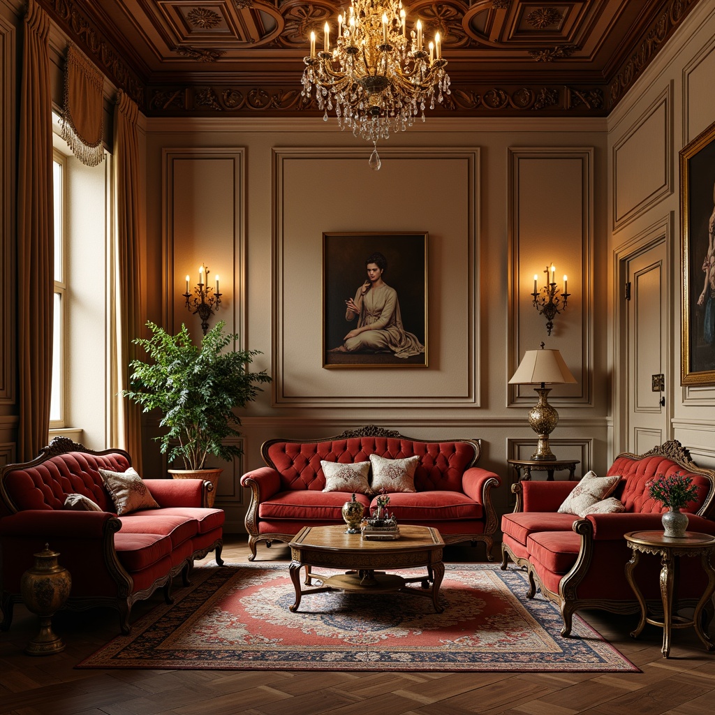 Prompt: Elegant living room, ornate wooden furniture, rich velvet upholstery, carved mahogany frames, antique bronze hardware, plush area rugs, warm beige walls, crystal chandeliers, soft golden lighting, 1/2 composition, intimate atmosphere, realistic wood textures, subtle ambient occlusion.