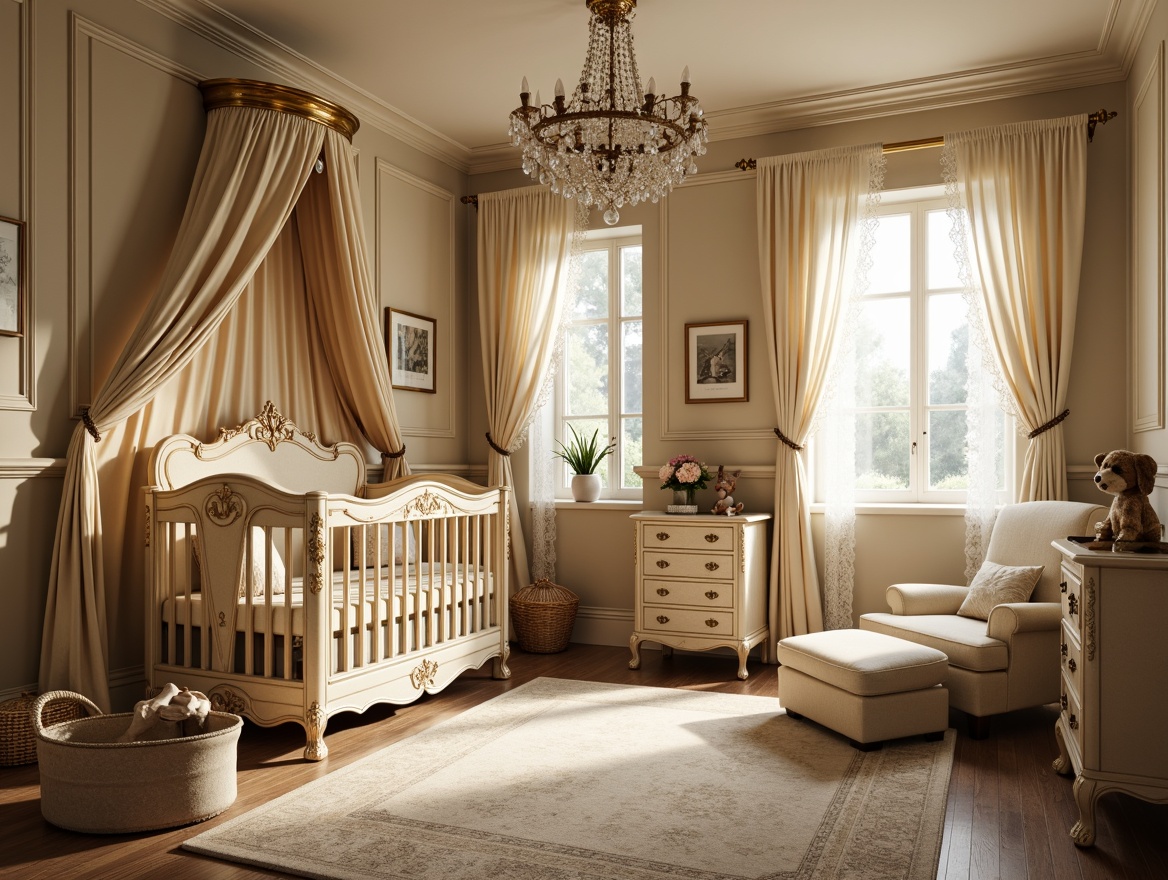 Prompt: Luxurious baby nursery, ornate Baroque furniture, intricately carved wooden crib, golden accents, velvet drapes, soft cream colors, plush area rug, crystal chandelier, delicate lace curtains, antique toys, vintage-inspired rocking chair, richly upholstered ottoman, subtle lighting, warm beige walls, opulent fabrics, decorative molding, elegant lines, 1/1 composition, shallow depth of field, realistic textures.