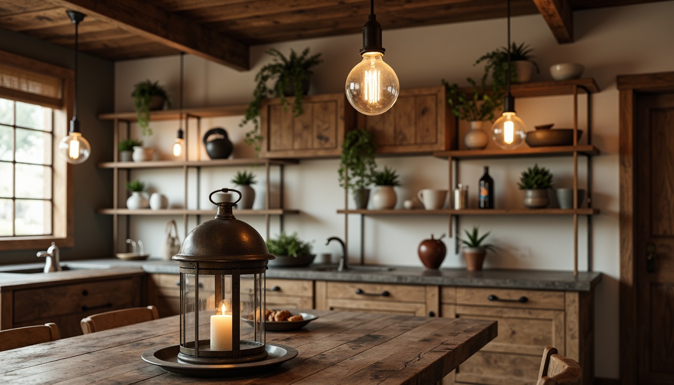 Prompt: Rustic farmhouse, vintage metal lanterns, distressed wood accents, Edison bulb pendants, industrial-style chandeliers, reclaimed barn wood shelves, natural linen shades, bronze fixtures, earthy color palette, warm ambient lighting, softbox window light, shallow depth of field, 1/1 composition, realistic textures, ambient occlusion.