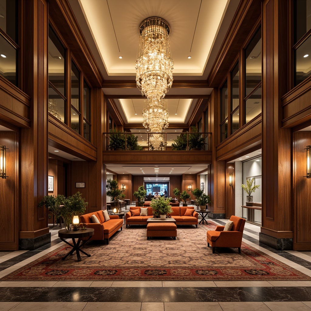 Prompt: Luxurious hotel lobby, grand chandelier, ornate wooden panels, plush sofas, velvet armchairs, polished marble floors, intricate carpet patterns, academic-inspired furniture, rich leather upholstery, classic lines, sophisticated ambiance, warm golden lighting, shallow depth of field, 1/1 composition, realistic textures, ambient occlusion.