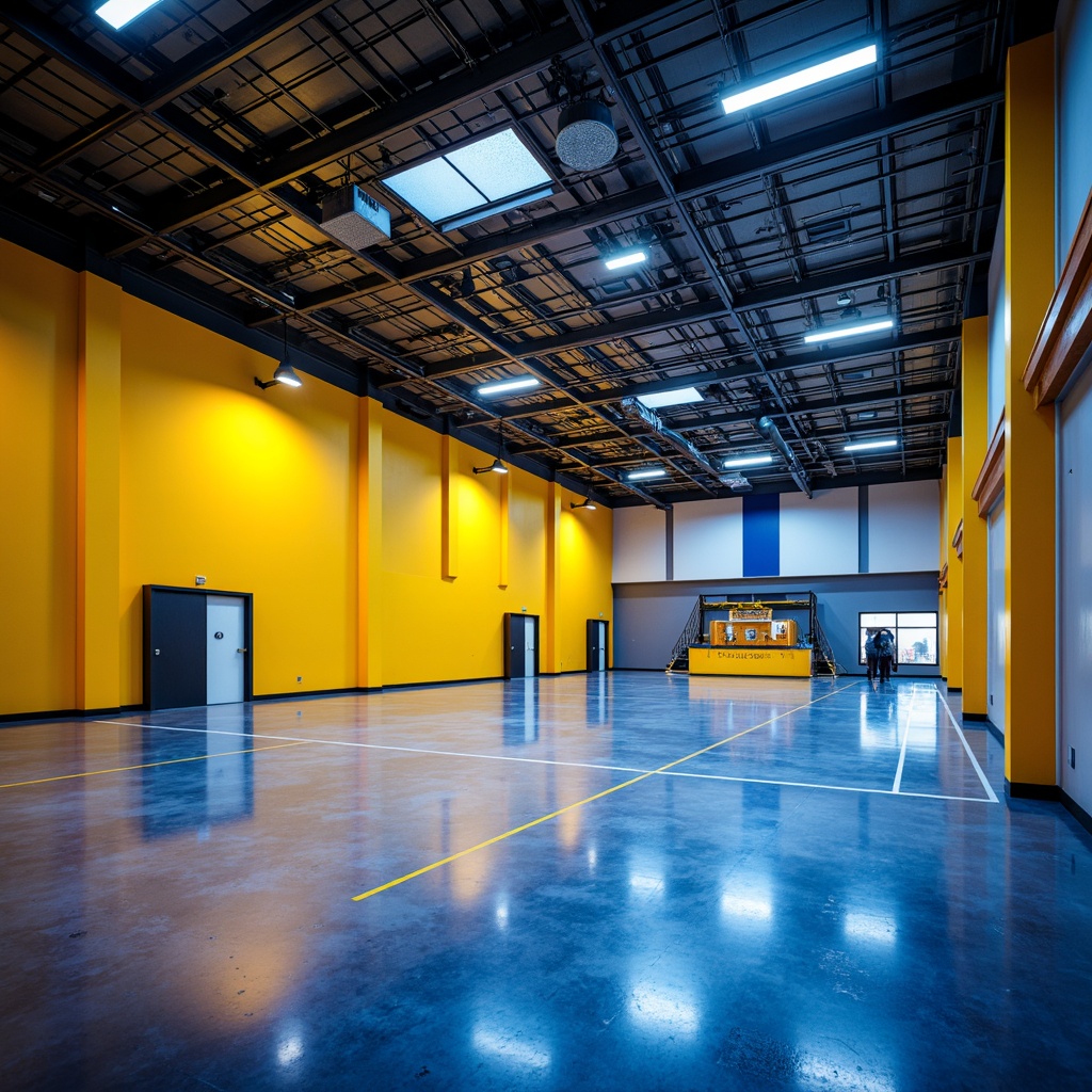 Prompt: Vibrant gymnasium interior, expressionist architecture style, bold color palette, high-contrast lighting, dramatic shadows, warm yellow tones, cool blue accents, dynamic beam lights, suspended LED strips, industrial metal fixtures, exposed ductwork, polished concrete floors, angular lines, geometric shapes, abstract patterns, dynamic compositions, low-key lighting, rim lighting, backlighting, 1/2 composition, cinematic atmosphere, realistic textures, ambient occlusion.