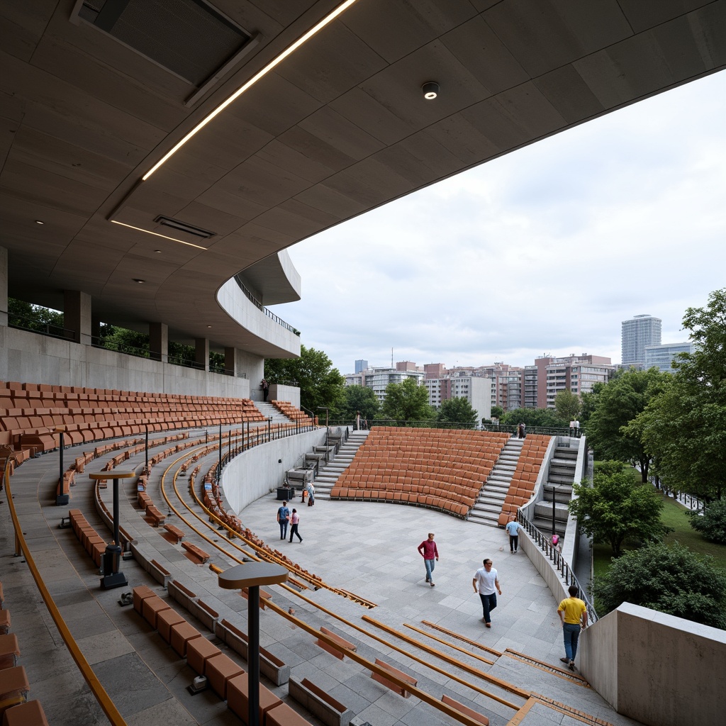 Prompt: Accessible amphitheater, streamlined modern architecture, gentle slopes, wheelchair ramps, wide aisles, Braille signage, audio induction loops, captioned screens, elevators with voice announcements, accessible seating areas, grab bars, adaptable restrooms, emergency alarm systems, clear floor markings, high-contrast color schemes, natural light harvesting, energy-efficient LED lighting, panoramic city views, urban landscape integration, acoustic sound design, 1/2 composition, wide-angle lens capture, realistic material textures, ambient occlusion.