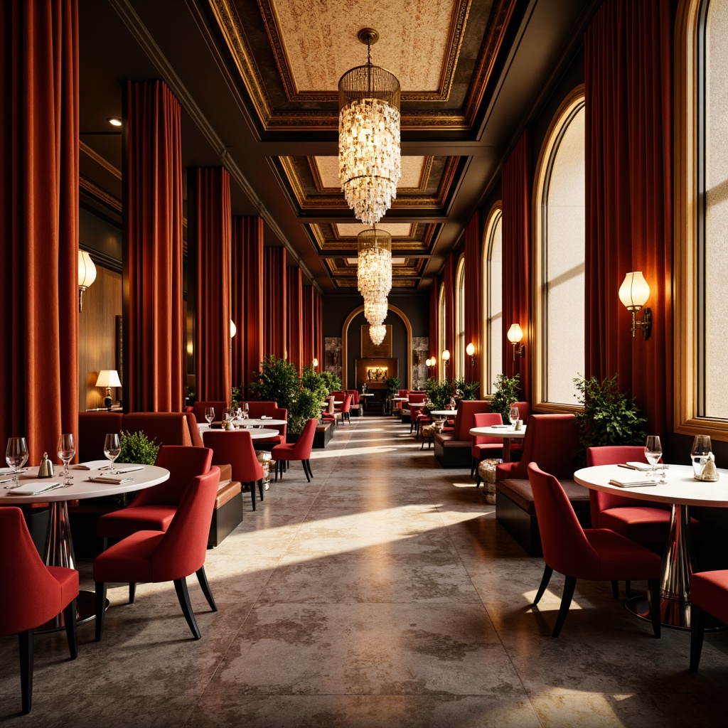 Prompt: Luxurious art deco dining hall, ornate chandeliers, velvet drapes, rich wood paneling, metallic accents, geometric patterns, bold color schemes, opulent furnishings, curved lines, minimalist decor, sleek chair designs, marble tabletops, chrome leg details, crystal glassware, ambient warm lighting, 1/1 composition, soft focus, cinematic mood.