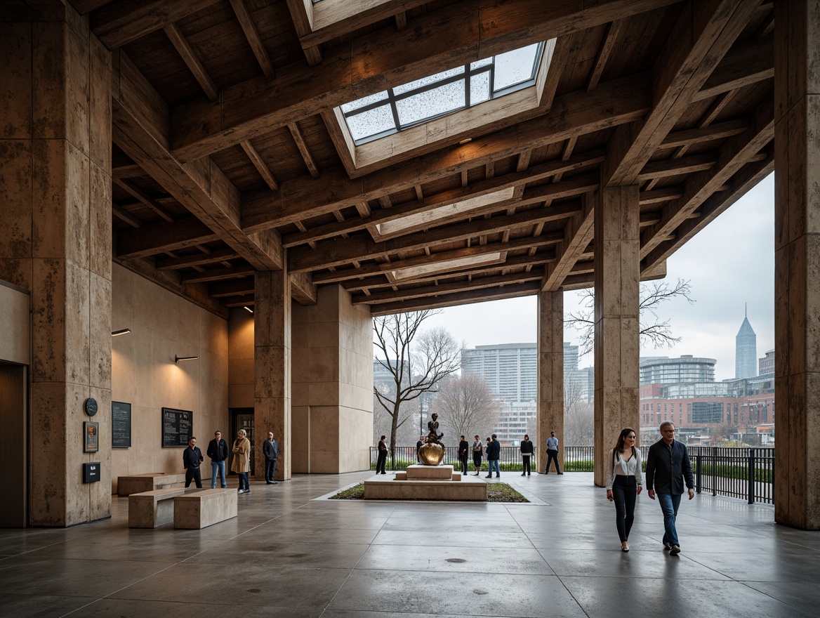 Prompt: Rustic memorial center, exposed wooden beams, industrial metal columns, concrete floors, minimalist decor, solemn atmosphere, natural light pouring through clerestory windows, subtle warm lighting, commemorative plaques, reverent silence, abstract sculptures, modernist architecture, brutalist design elements, distressed wood accents, weathered steel features, urban landscape views, overcast skies, dramatic shadows, 1/1 composition, high contrast ratio, realistic textures, ambient occlusion.