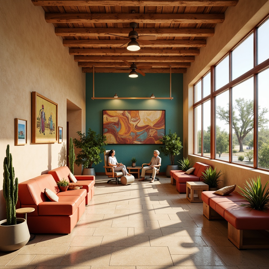 Prompt: Vibrant southwestern dental clinic, warm beige walls, turquoise accents, rusty red furniture, sandy stone floors, natural woven textiles, desert-inspired patterns, cacti plants, large windows, abundant sunlight, soft warm lighting, shallow depth of field, 3/4 composition, panoramic view, realistic textures, ambient occlusion, modern minimalist decor, sleek metal equipment, innovative dental technology displays, calming atmosphere, soothing colors, comfortable seating areas.