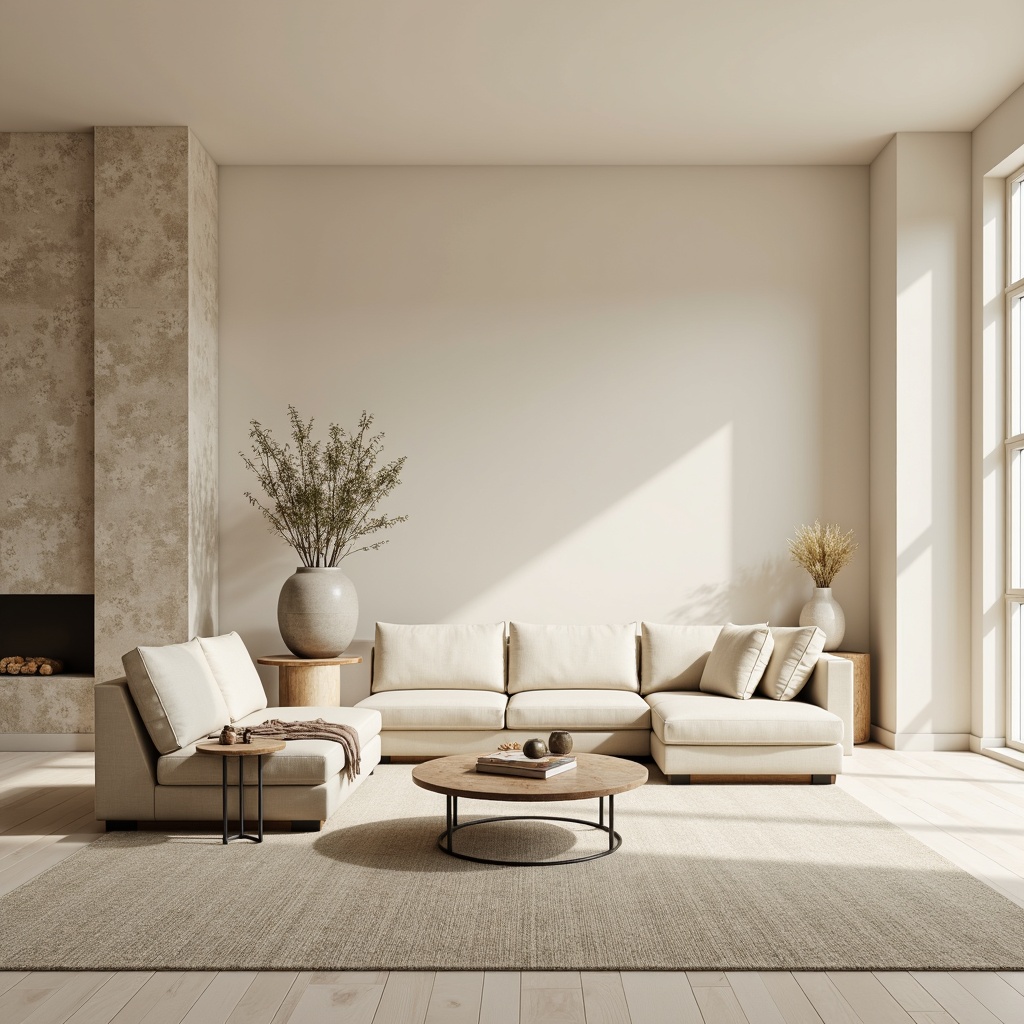 Prompt: Monochromatic interior space, soft beige walls, creamy white furniture, subtle wood accents, matte black metal frames, minimalist decor, natural textiles, soft linen fabrics, gentle warm lighting, shallow depth of field, 1/1 composition, realistic render, ambient occlusion, calming atmosphere, serene ambiance.