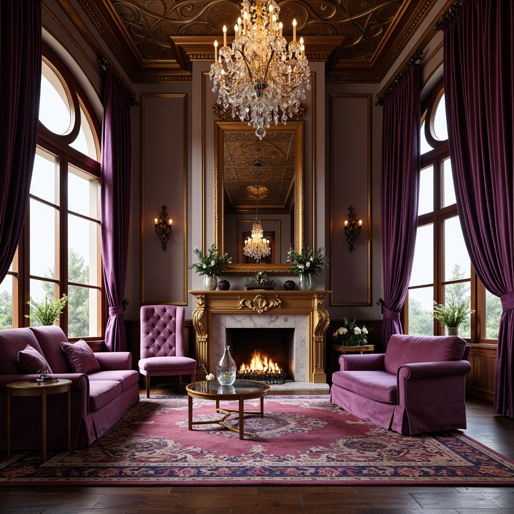 Prompt: Luxurious velvet drapes, ornate gold frames, intricately carved wooden furniture, richly patterned rugs, lavish crystal chandeliers, grandiose marble fireplaces, opulent silk upholstery, regal purple accents, intricate moldings, gilded mirrors, statuesque figurines, dramatic floor-to-ceiling curtains, warm candlelight, low-angled photography, 1/2 composition, shallow depth of field, realistic textures.