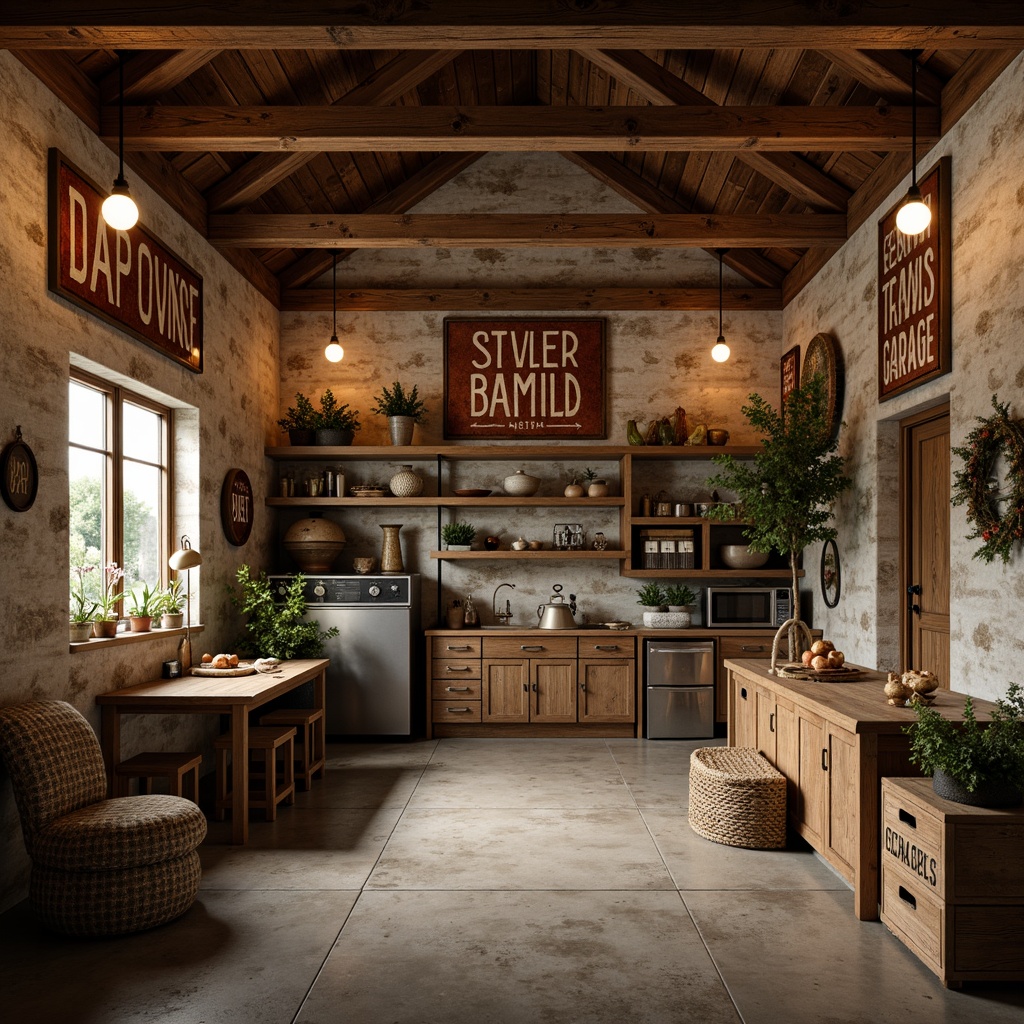 Prompt: Rustic family garage, wooden accents, earthy tones, vintage metal signs, distressed finishes, pendant lanterns, industrial-style lighting, exposed bulbs, metal shades, reclaimed wood beams, natural stone walls, rough-hewn wooden crates, rusty metal decorations, warm cozy ambiance, soft warm lighting, high ceilings, open space, 1/2 composition, realistic textures, ambient occlusion.