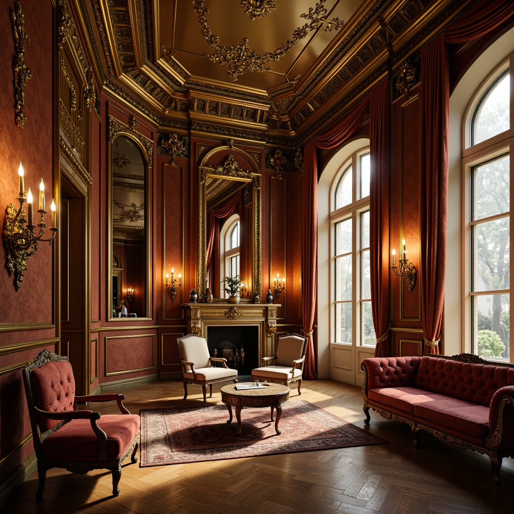 Prompt: Richly ornamented walls, gold leafing, Rococo patterns, intricately carved wooden panels, velvet drapes, luxurious fabrics, ornate mirrors, crystal chandeliers, lavish furnishings, opulent textures, warm golden lighting, soft focus, shallow depth of field, 1/2 composition, intimate atmosphere, realistic reflections, ambient occlusion.