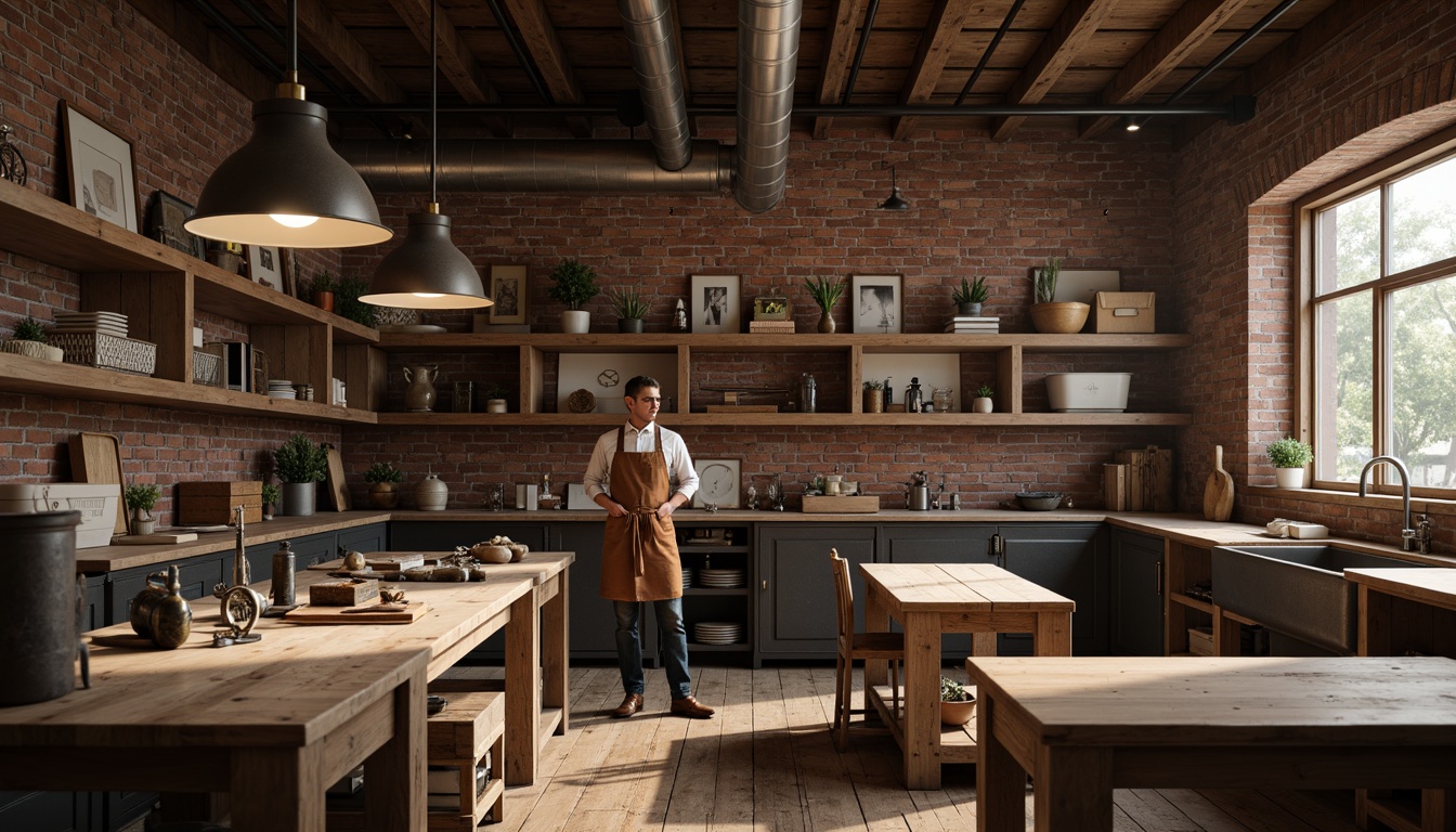 Prompt: Rustic wooden workbenches, vintage metal tools, distressed leather aprons, reclaimed wood shelving, industrial pendant lamps, exposed brick walls, wooden crates, metal storage cabinets, handmade wooden furniture, earthy color palette, warm ambient lighting, shallow depth of field, 2/3 composition, realistic textures, ambient occlusion.