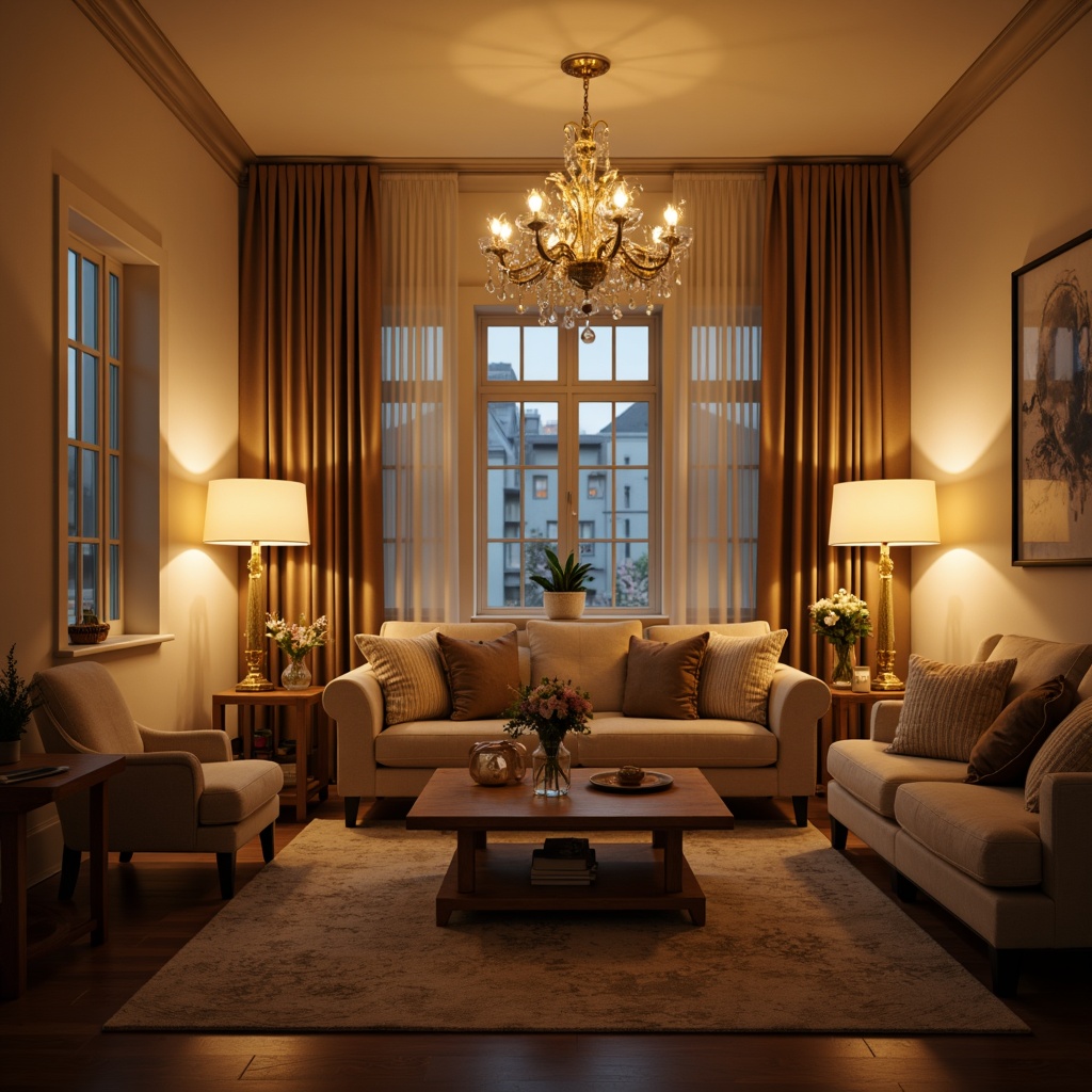 Prompt: Cozy living room, warm ambient lighting, soft glow, table lamps, floor lamps, pendant lights, chandeliers, crystal drops, metallic accents, cream-colored walls, comfortable sofas, plush rugs, wooden flooring, dimmable switches, energy-efficient bulbs, warm color temperatures, relaxing atmosphere, subtle shadows, 1/1 composition, soft focus, realistic textures, ambient occlusion.