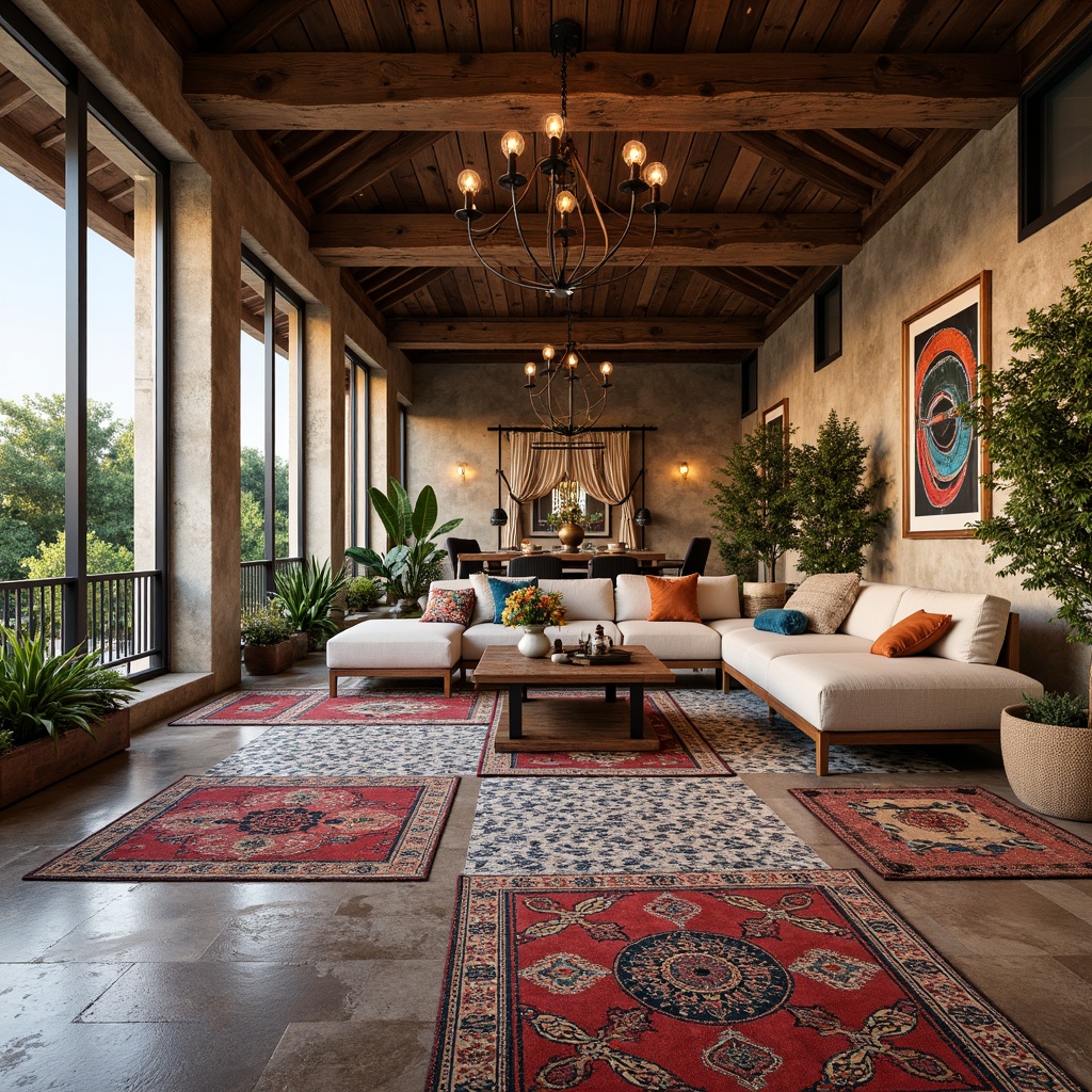 Prompt: Richly patterned rugs, distressed hardwood floors, reclaimed wooden planks, vintage-inspired tiles, eclectic mix of materials, bold geometric patterns, Moroccan-inspired mosaics, industrial-chic concrete flooring, warm earthy tones, vibrant colorful accents, ornate metal inlays, statement lighting fixtures, playful textures, bohemian vibes, lush greenery, rustic wood beams, open ceiling, airy atmosphere, natural stone walls, dramatic drapery, abstract artwork, oversized furniture pieces.