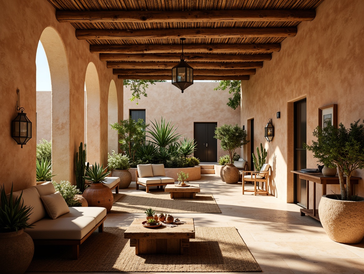 Prompt: Warm desert ambiance, rustic wooden beams, earthy adobe walls, vibrant turquoise accents, woven textiles, natural linen fabrics, reclaimed wood furniture, pendant lanterns, wrought iron chandeliers, terracotta pottery, soft warm lighting, ambient glow, cozy niches, alcove seating areas, sun-drenched courtyards, lush greenery, cactus plants, succulent arrangements, warm beige stone floors, rustic metal decor, earthy color palette, 3/4 composition, shallow depth of field.