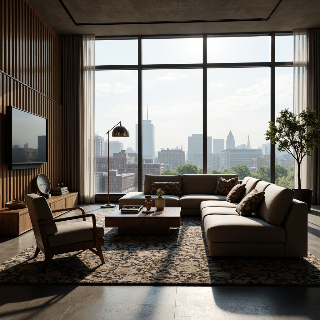 Prompt: Streamlined modern living room, low-profile sofas, sleek coffee tables, minimalist armchairs, geometric-patterned rugs, industrial metal lamps, polished chrome accents, monochromatic color scheme, floor-to-ceiling windows, urban cityscape views, warm natural lighting, shallow depth of field, 2/3 composition, cinematic perspective, high-contrast textures, ambient occlusion.