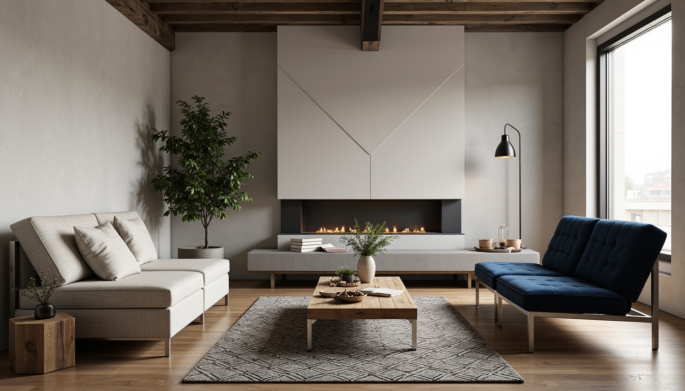 Prompt: Modern minimalist living room, sleek low-profile sofas, polished chrome legs, tufted velvet armchairs, reclaimed wood coffee tables, geometric patterned rugs, industrial chic metal lamps, urban loft atmosphere, natural light pouring in, soft warm glow, 1/1 composition, shallow depth of field, realistic textures.