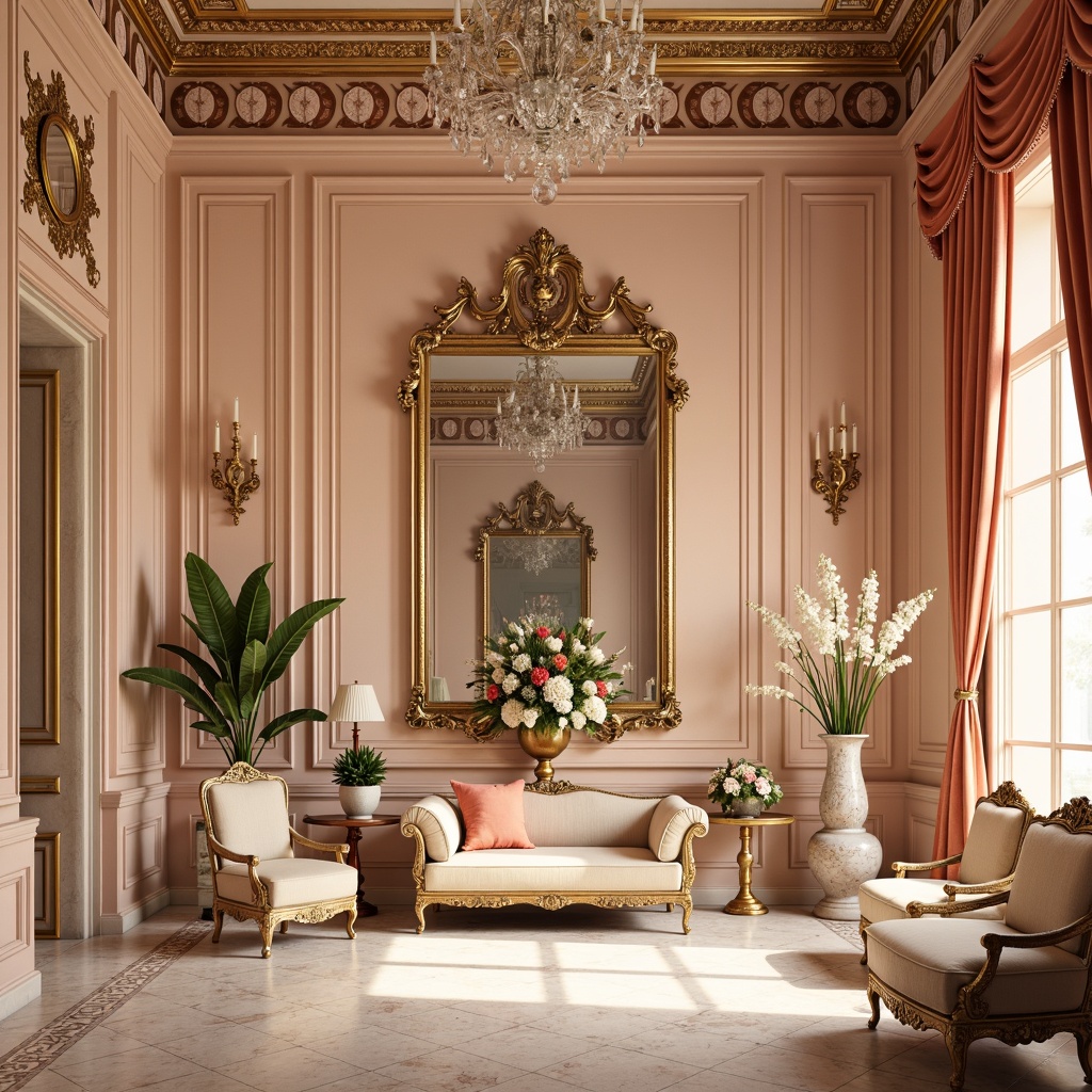 Prompt: Opulent palace interior, pastel hues, soft peach tones, rich gold accents, ornate mirrors, intricate carvings, delicate florals, velvet drapes, luxurious fabrics, ornamental furnishings, lavish chandeliers, creamy marble surfaces, subtle texture overlays, warm golden lighting, shallow depth of field, 1/1 composition, realistic reflections, ambient occlusion.