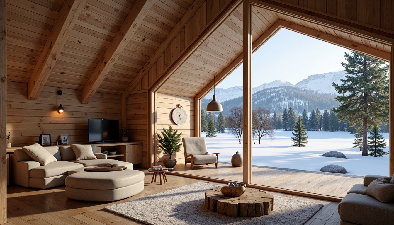 Prompt: Cozy Nordic cabin, wooden accents, natural textures, warm lighting, minimalist decor, light-colored woods, rustic charm, wooden beams, pine trees, snow-capped mountains, frozen lakes, crisp winter air, soft focus, shallow depth of field, 1/2 composition, inviting atmosphere, warm color palette, organic shapes, earthy tones.