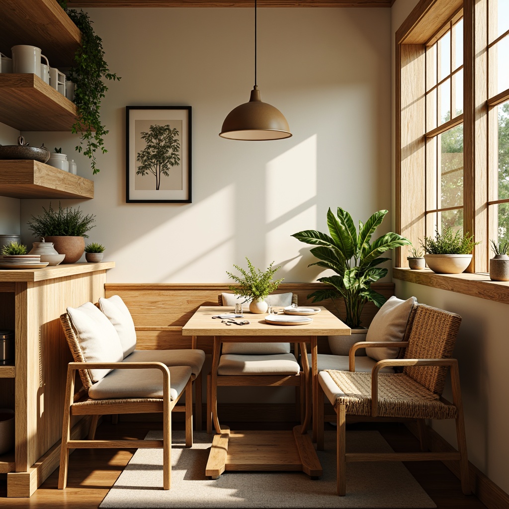 Prompt: Cozy breakfast nook, warm natural light, soft cream walls, wooden accents, vintage decor, rustic wooden table, woven wicker chairs, pendant lighting, greenery plants, botanical prints, earthy tone ceramics, crisp white linens, sunny morning, gentle shadows, shallow depth of field, 1/1 composition, realistic textures, ambient occlusion.