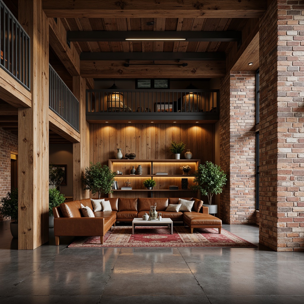 Prompt: Rustic wooden accents, reclaimed wood textures, earthy color palette, natural stone walls, exposed brick facades, industrial metal beams, polished concrete floors, luxurious velvet fabrics, rich leather upholstery, warm ambient lighting, soft focus camera angle, 1/2 composition, shallow depth of field, cinematic color grading.