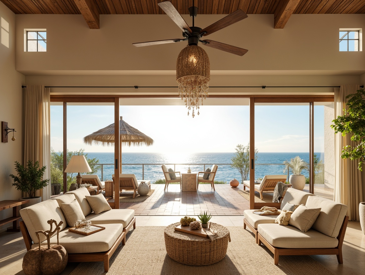 Prompt: Coastal villa, ocean views, warm beachy atmosphere, soft creamy lighting, nautical rope pendant lights, distressed wood lanterns, sea glass chandeliers, driftwood-inspired sconces, natural linen shades, weathered metal fixtures, rustic wooden ceiling fans, tropical leaf patterns, coral-inspired accents, sunny day, gentle sea breeze, soft warm glow, ambient lighting, layered lighting effects, 1/1 composition, realistic textures.