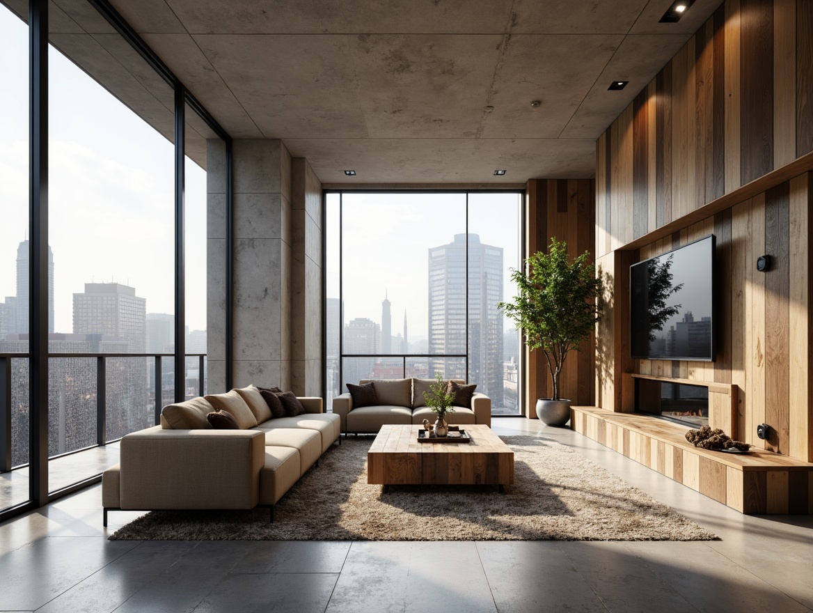 Prompt: Minimalist living room, polished concrete floors, industrial chic decor, modern furniture, sleek lines, monochromatic color scheme, ambient lighting, floor-to-ceiling windows, urban cityscape views, natural stone accents, reclaimed wood walls, metallic tones, geometric patterns, Scandinavian-inspired design, cozy textiles, warm beige colors, shallow depth of field, 1/1 composition, realistic reflections.