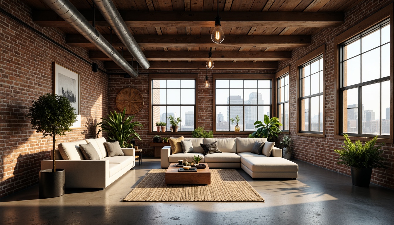 Prompt: Industrial-chic loft space, exposed brick walls, reclaimed wood beams, polished concrete floors, vintage metal accents, Edison bulb lighting, plush sectional sofas, natural fiber rugs, potted greenery, floor-to-ceiling windows, urban skyline views, soft warm lighting, shallow depth of field, 1/1 composition, realistic textures, ambient occlusion.