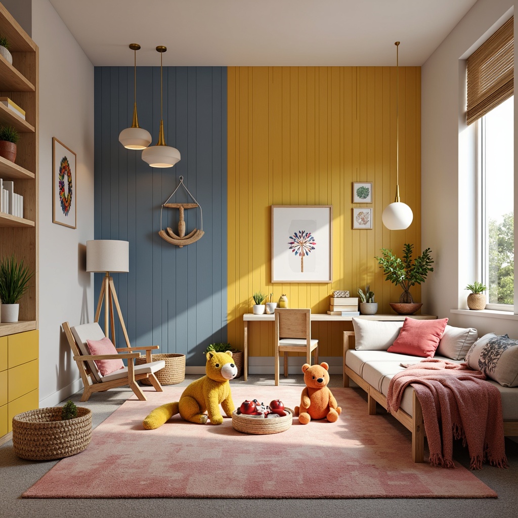 Prompt: Vibrant kids' room, playful furniture, soft plush toys, bold color blocks, textured carpets, woven baskets, natural wood shelves, whimsical wall art, modern minimalist desk, ergonomic chair, cozy reading nook, warm floor lamps, softbox lighting, shallow depth of field, 1/1 composition, realistic textures, ambient occlusion.