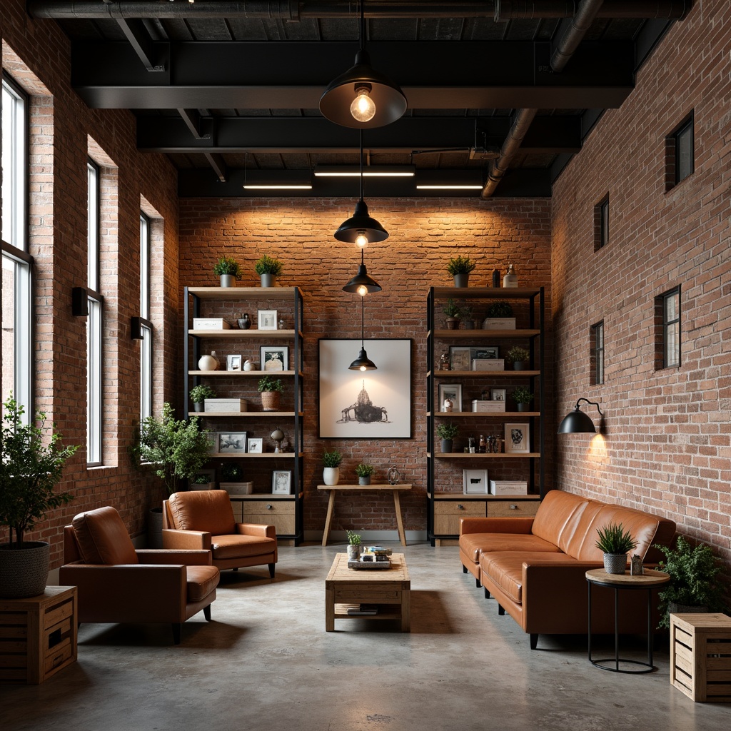 Prompt: Exposed brick walls, industrial-chic decor, reclaimed wood accents, metal beams, rustic wooden crates, vintage factory lamps, distressed leather sofas, minimalist coffee tables, concrete floors, urban loft atmosphere, warm dimmable lighting, metal shade pendants, Edison bulb fixtures, industrial-style metal lanterns, black steel pipes, functional shelving units, rough-hewn wood shelves, eclectic decorative accents, soft warm glow, shallow depth of field, 1/2 composition, realistic textures, ambient occlusion.