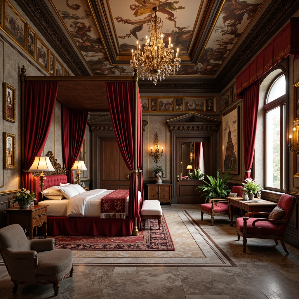 Prompt: Luxurious velvet drapes, ornate golden frames, intricately carved wooden furniture, rich leather upholstery, majestic four-poster beds, regal throne-like chairs, lavish crystal chandeliers, exquisite marble floors, rustic stone walls, grandiose mirrors, opulent tapestries, lavish fresco ceilings, soft warm candlelight, 1/1 composition, realistic textures, ambient occlusion.