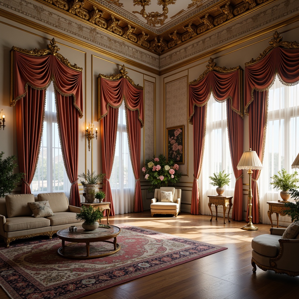 Prompt: Luxurious palace interior, ornate furnishings, velvet drapes, intricately patterned rugs, golden accents, soft candlelight, delicate porcelain vases, opulent fabrics, rich embroidery, lavish tassels, Baroque-inspired carvings, curved lines, scalloped edges, whimsical florals, pastel color palette, ornamental mirrors, gilded frames, intricate lace details, beaded trimmings, sumptuous upholstery, grand chandeliers, warm ambient lighting, shallow depth of field, 1/1 composition, realistic textures, ambient occlusion.