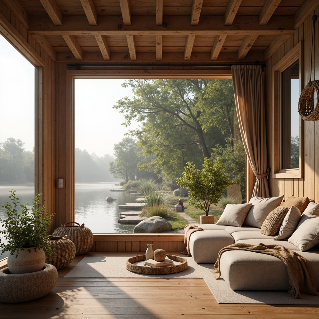 Prompt: Cozy boathouse, rustic wooden exterior, natural light pouring through large windows, minimal ornamentation, Scandinavian-inspired interior design, light-colored wood accents, soft beige textiles, woven baskets, nautical decorations, serene lake surroundings, lush greenery, calm water reflections, misty morning atmosphere, warm soft lighting, shallow depth of field, 1/2 composition, realistic textures, ambient occlusion.