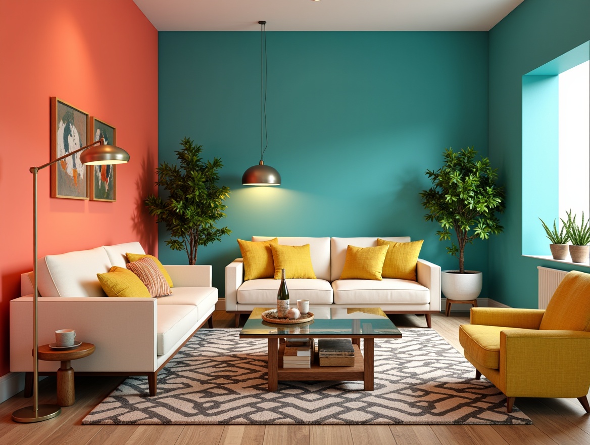 Prompt: Vibrant living room, bold color palette, bright coral walls, turquoise accents, sunny yellow furniture, creamy white sofas, geometric patterned rugs, modern minimalist decor, sleek metal lighting fixtures, glass coffee tables, lush green plants, warm natural wood flooring, ambient softbox lighting, 1/2 composition, shallow depth of field, realistic textures, atmospheric rendering.