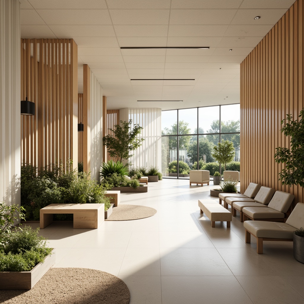 Prompt: Minimalist hospital corridors, natural wood accents, light-filled atriums, floor-to-ceiling windows, sheer curtains, soft diffused lighting, calming color palette, Nordic-inspired furniture, ergonomic design, serene waiting areas, lush green walls, living plants, organic textures, subtle patterns, harmonious proportions, symmetrical compositions, 1/1 aspect ratio, warm beige tones, soft shadows, gentle highlights, realistic reflections.