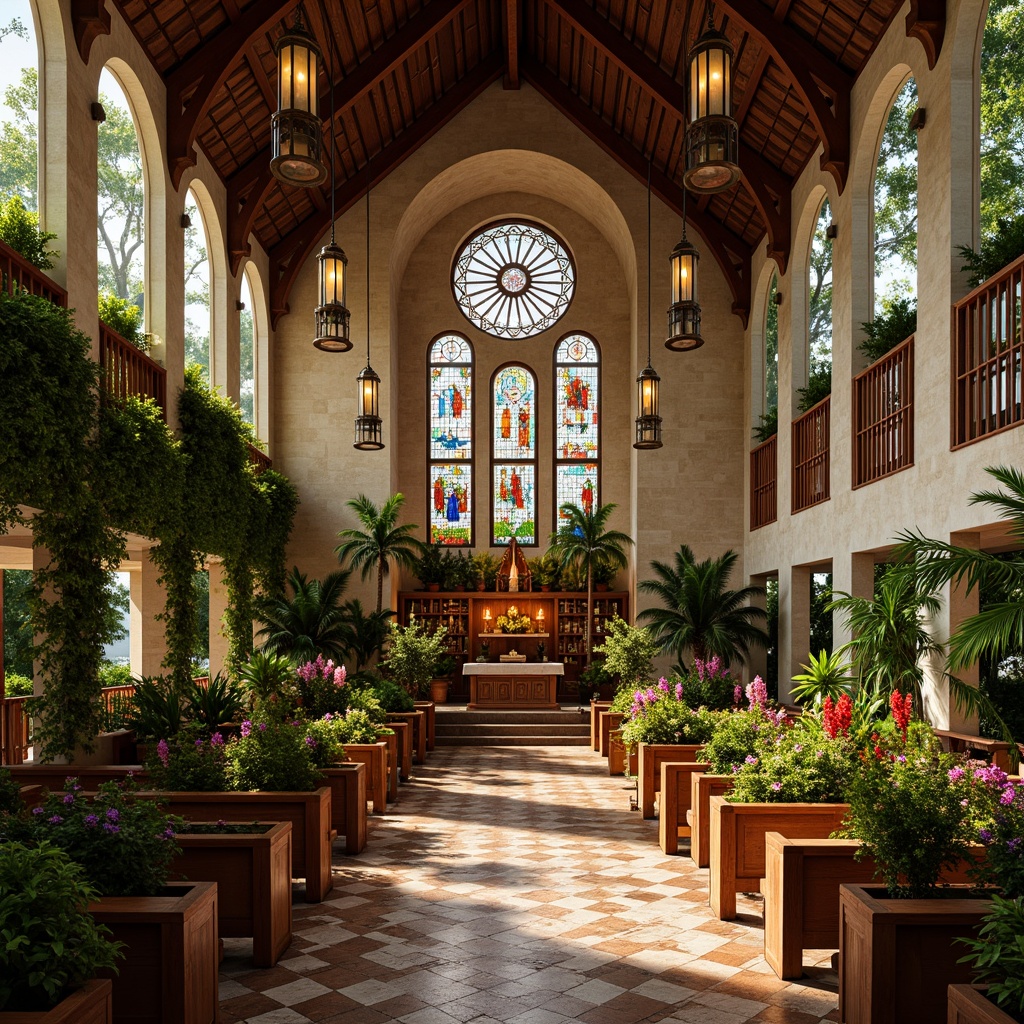 Prompt: Vibrant tropical flowers, lush greenery, wooden pews, stained glass windows, ornate altar, intricately carved wooden doors, colorful ceramic tiles, rustic stone walls, vaulted ceilings, dramatic chandeliers, warm natural lighting, shallow depth of field, 3/4 composition, symmetrical architecture, grand entrance, tranquil ambiance, soft warm colors, exotic wood accents, woven bamboo textures, natural fiber textiles, subtle geometric patterns.