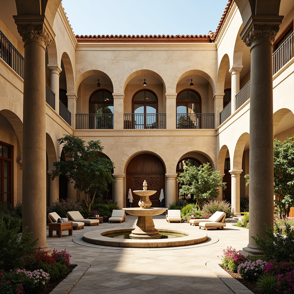 Prompt: Grand courtyard, majestic archways, ornate columns, elegant fountains, lush greenery, vibrant flowers, warm beige stone walls, terracotta roofs, intricate tile work, ornamental metal gates, wooden doors, large windows, soft warm lighting, shallow depth of field, 3/4 composition, panoramic view, realistic textures, ambient occlusion.