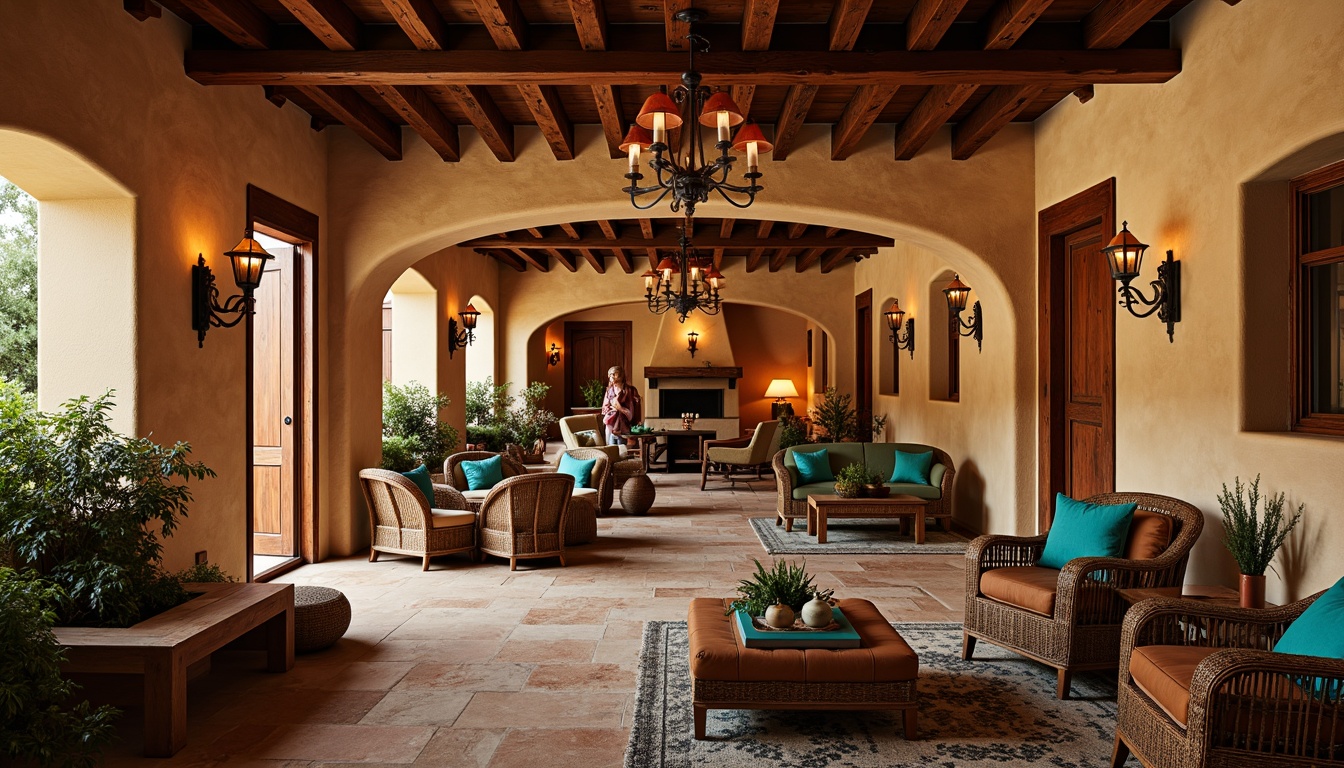 Prompt: Warmly lit adobe architecture, rustic wooden beams, earthy color palette, natural stone walls, woven textiles, vibrant turquoise accents, handcrafted metalwork, ornate wooden furniture, distressed leather upholstery, vintage decorative accessories, candle-lit lanterns, wrought iron chandeliers, pendant lamps with terracotta shades, warm bronze tones, ambient glow, soft diffused lighting, 1/2 composition, shallow depth of field, realistic textures.