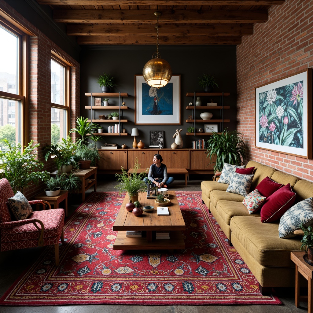 Prompt: Richly patterned rug, bold graphic prints, eclectic furniture pieces, distressed wood accents, ornate metal fixtures, luxurious velvet upholstery, vibrant colorful throw pillows, abstract artwork, decorative sculptures, asymmetrical shelving units, playful use of textures, industrial chic lighting, exposed brick walls, reclaimed wood ceiling, warm cozy ambiance, dramatic shadows, 1/1 composition, shallow depth of field, realistic material rendering.