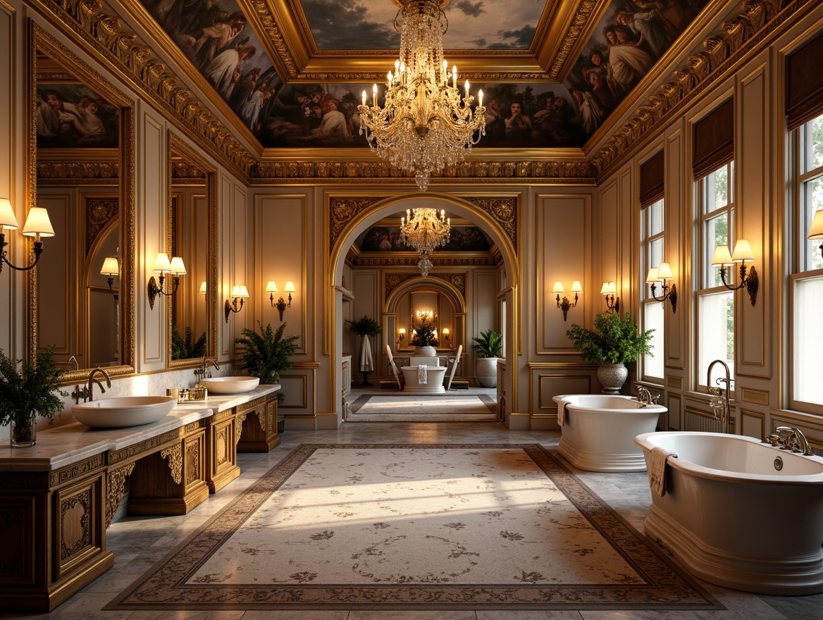 Prompt: Ornate golden mirrors, marble countertops, lavish furnishings, freestanding tubs, crystal chandeliers, soft warm lighting, rich wood cabinetry, intricate carvings, ornamental faucets, luxurious textiles, plush area rugs, frescoed ceiling, grandiose architecture, Baroque-inspired details, gilded accents, velvety drapery, elegant sconces, dramatic archways, 3/4 composition, shallow depth of field, warm color palette.