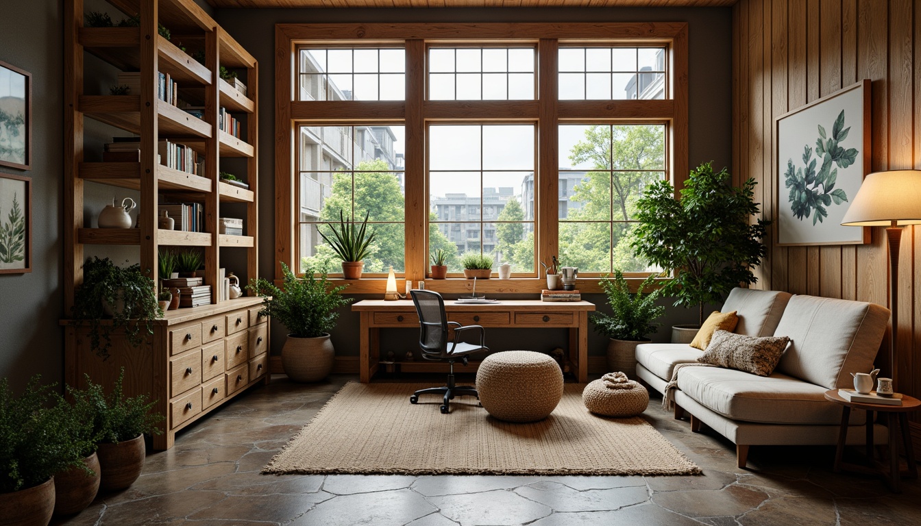 Prompt: Cozy home office, rustic wooden desk, vintage metal chair, natural stone flooring, earthy color palette, plenty of greenery, large windows, soft warm lighting, comfortable reading nook, built-in bookshelves, woven textiles, distressed wood accents, modern minimalist decor, industrial-chic metal fixtures, ergonomic task chair, geometric-patterned rug, calm atmosphere, shallow depth of field, 1/1 composition, realistic textures, ambient occlusion.