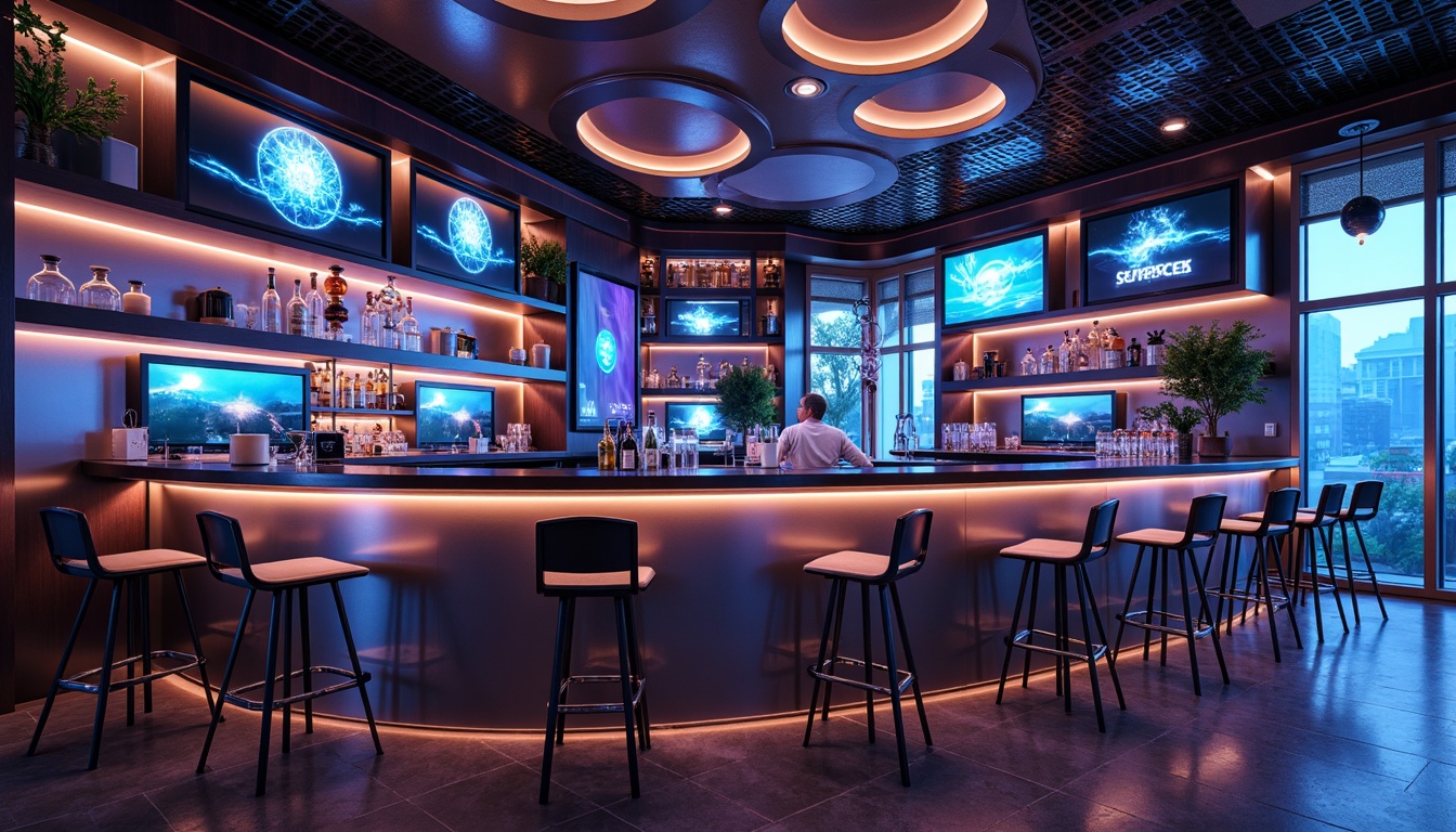 Prompt: Glossy home bar, futuristic curves, metallic accents, neon lights, holographic displays, sleek stools, chrome finishes, minimalist shelves, LED lighting strips, translucent glass surfaces, 3D-printed decorations, ambient fog effects, cinematic color grading, shallow depth of field, 1/2 composition, low-angle shot, realistic reflections, advanced material textures.