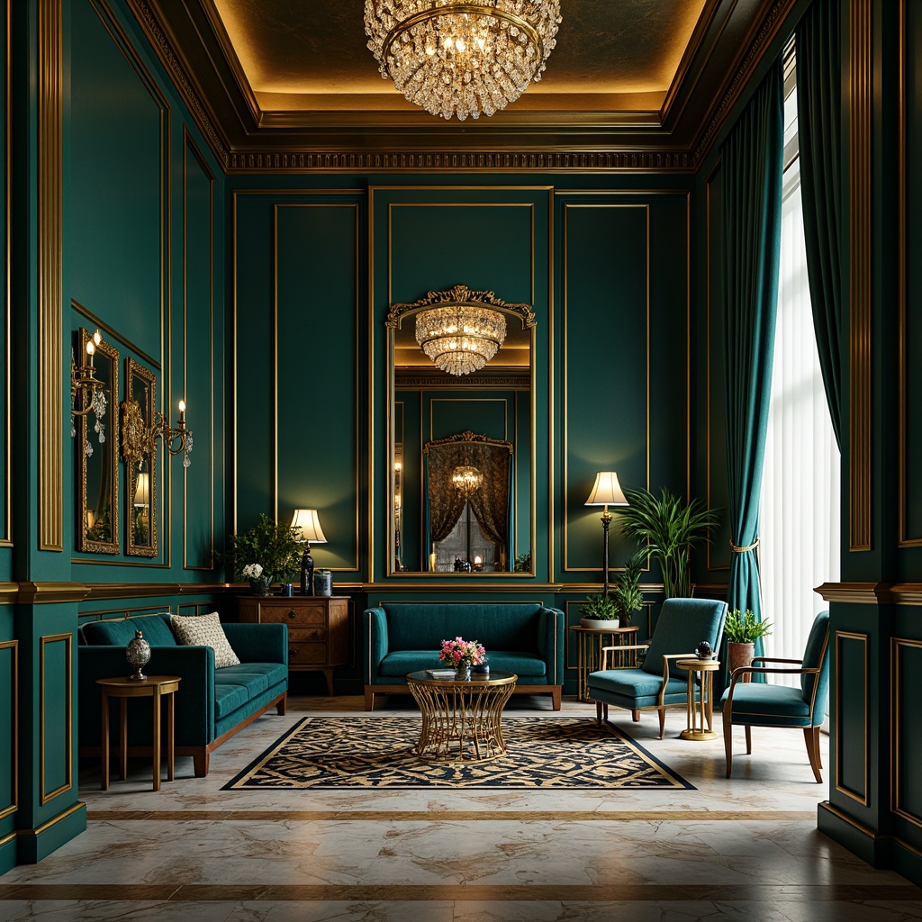 Prompt: Luxurious art deco interior, rich jewel-toned colors, emerald green walls, navy blue accents, metallic gold leafing, opulent marble floors, geometric patterned rugs, lavish velvet furnishings, ornate mirrors, crystal chandeliers, soft warm lighting, high contrast ratios, cinematic composition, dramatic shadows, realistic reflections.