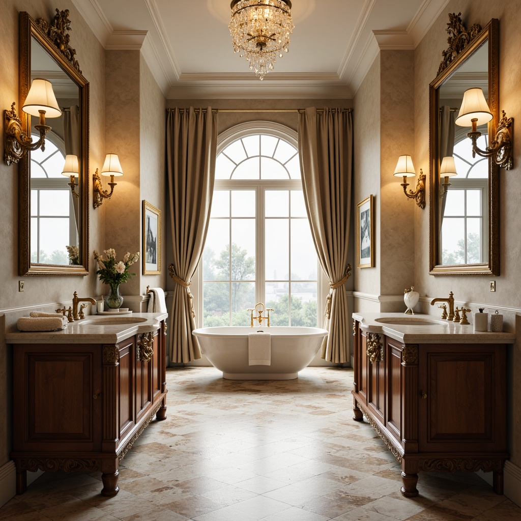 Prompt: Elegant bathroom, ornate mirrors, carved wooden cabinets, marble countertops, intricate tile patterns, gold faucets, crystal chandeliers, soft warm lighting, luxurious textiles, freestanding tubs, pedestal sinks, vintage-inspired fixtures, classic archways, ornamental molding, neutral color palette, warm beige tones, sophisticated ambiance, high-contrast ratio, shallow depth of field, 1/1 composition, realistic reflections, ambient occlusion.