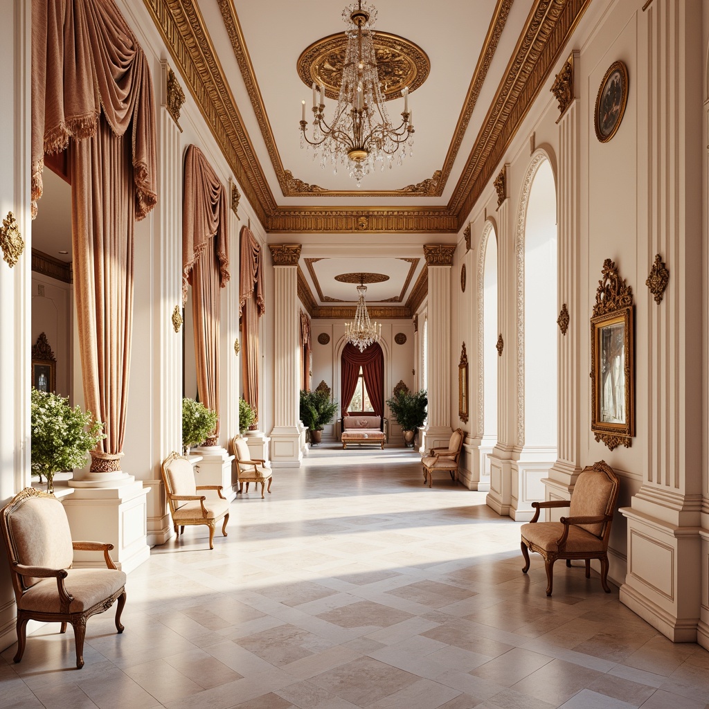 Prompt: Ornate Rococo palace, soft pastel hues, pale pink marble, creamy white columns, gilded details, intricate carvings, lavish furnishings, velvet drapes, ornamental mirrors, crystal chandeliers, delicate lace patterns, warm golden lighting, shallow depth of field, 1/1 composition, realistic textures, ambient occlusion.