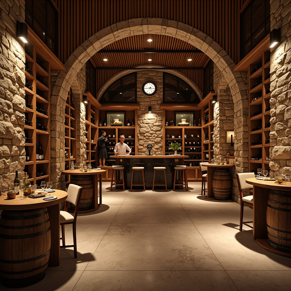 Prompt: Luxurious wine cellar, rich wood tones, ornate metalwork, dimmable LED lighting, warm golden glow, subtle shadows, stone walls, rustic brick arches, wooden barrel tables, elegant glassware, soft background music, intimate seating areas, vintage wine barrels, floor-to-ceiling shelving, climate-controlled environment, precise temperature regulation, humidity management systems, sophisticated wine storage solutions, dramatic spotlights, ambient backlighting, warm beige colors, cozy atmosphere, refined decor.