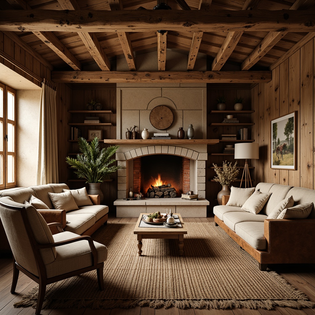 Prompt: Rustic cabin, natural wood accents, earthy tones, woven jute rugs, plush velvet sofas, distressed leather armchairs, burlap upholstery, linen curtains, rough-hewn wooden beams, stone fireplace, warm candlelight, cozy ambiance, rich brown colors, soft beige fabrics, vintage patterns, nature-inspired motifs, organic textures, warm golden lighting, shallow depth of field, 1/1 composition.