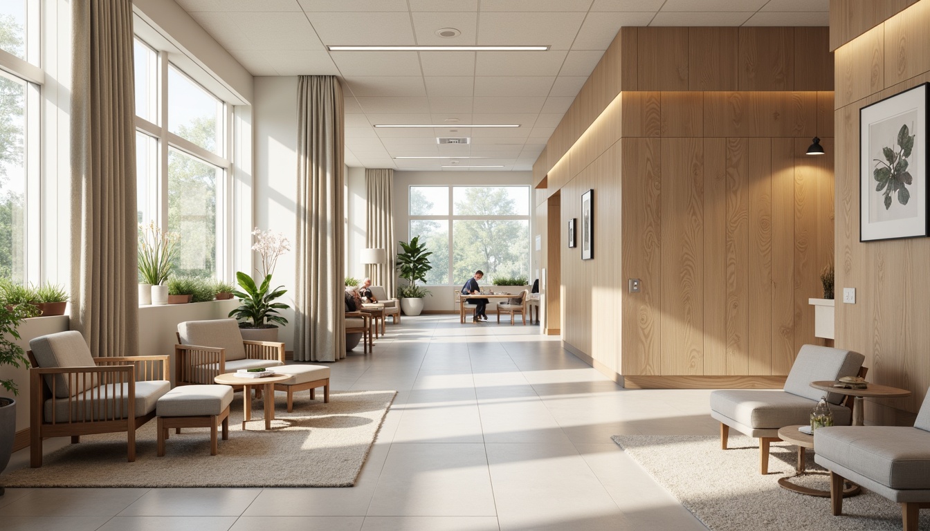 Prompt: Cozy hospital interior, soft Scandinavian textiles, natural fibers, calming colors, minimal patterns, subtle textures, wooden accents, Nordic-inspired furniture, functional layouts, ample natural light, gentle color palette, acoustic comfort, noise-reducing materials, peaceful atmosphere, comfortable seating areas, woven upholstery, warm lighting fixtures, minimalist decor, simple shapes, organic forms.