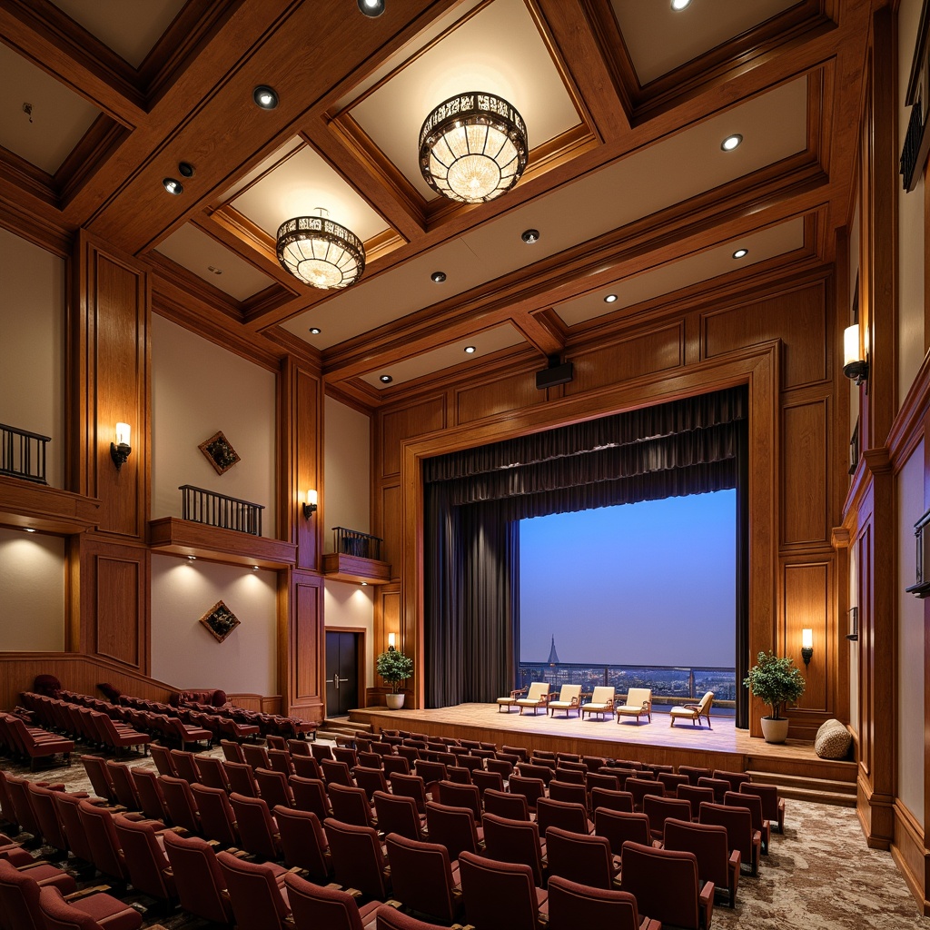 Prompt: Elegant auditorium, transitional style design, rich wood tones, ornate details, luxurious velvet seats, grand stage, majestic chandeliers, high ceilings, neutral color palette, soft warm lighting, subtle texture variations, intricate moldings, refined acoustic panels, sophisticated sound systems, plush carpets, polished marble floors, dramatic curtains, sweeping staircases, panoramic views, realistic reflections, ambient occlusion.